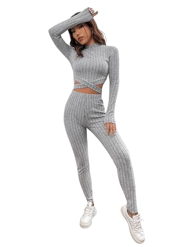 GORGLITTER Zweiteiler Damen Langarm Strick Hosenanzug Crop Shirt Und Leggings Set Strickanzug 2 Teiler Set Herbst Freizeitanzug Hellgrau L von GORGLITTER