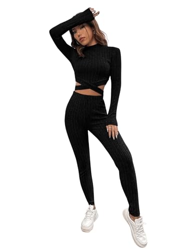 GORGLITTER Zweiteiler Damen Langarm Strick Hosenanzug Crop Shirt Und Leggings Set Strickanzug 2 Teiler Set Herbst Freizeitanzug Schwarz L von GORGLITTER