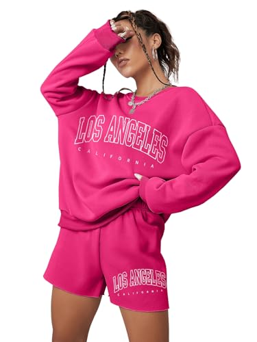 GORGLITTER Zweiteiler Damen Langarm Sweatshirt Und Shorts Set 2 Teiler Set Herbst Trainingsanzug Freizeitanzug Heißes Pink L von GORGLITTER