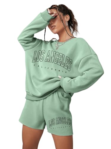 GORGLITTER Zweiteiler Damen Langarm Sweatshirt Und Shorts Set 2 Teiler Set Herbst Trainingsanzug Freizeitanzug Minzgrün M von GORGLITTER