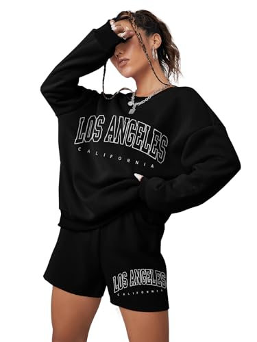 GORGLITTER Zweiteiler Damen Langarm Sweatshirt Und Shorts Set 2 Teiler Set Herbst Trainingsanzug Freizeitanzug Schwarz L von GORGLITTER