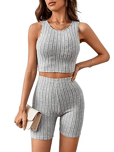 GORGLITTER Zweiteiler Damen Sommer Hose Und Top Bauchfrei 2 Teiler Sommer Kurz 2 Sets Crop Tank Top Und Shorts Hellgrau M von GORGLITTER