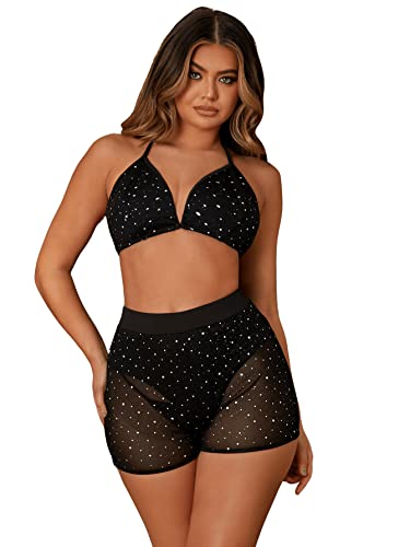 GORGLITTER Zweiteiler Damen Sommer Kurz Shorts Und Top Set Glitzer Outfit Party 2 Teiler Hosenanzug Festlich Sexy Festival Mesh Outfit Schwarz L von GORGLITTER