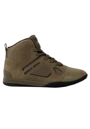 Gorilla Wear Bodybuilding Fitness Schuh Troy High Tops - Armeegrün - Sport Freizeit Alltag Training Workout Schnürsenkel mit Logo Bequem Extra Starker Halt für Herren, 43 von Gorilla Wear