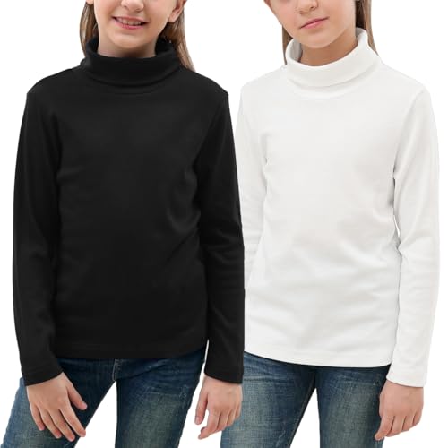 GORLYA 2er-Pack Mädchen-T-Shirt, Rollkragen, langärmelig, Stehkragen, weicher Strick, eng anliegend, Multipacks für 8–16 Jahre, Schwarz + Weiß (2er-Pack), 152 von GORLYA