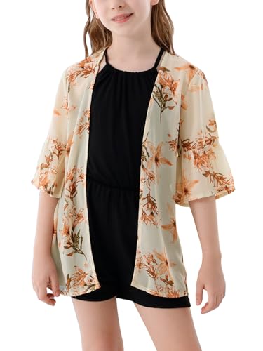 GORLYA Chiffon-Strand-Cardigan für Mädchen, Blumendruck, lässiger Kimono-Umhang, Badeanzug, Orangefarbene Blume, 8 Jahre von GORLYA