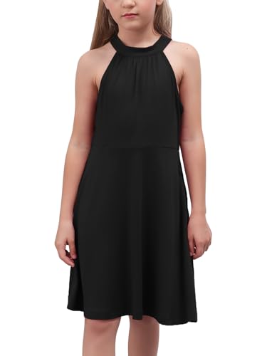 GORLYA Mädchenkleid mit Neckholder, schulterfrei, ärmellos, Sommerkleid, A-Linie, Kleid mit Taschen, für 4–12 Jahre, Schwarz, 152 von GORLYA