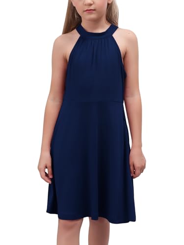 Gorlya Mädchen-Kleid mit Neckholder, schulterfrei, ärmellos, Sommerkleid, A-Linie, mit Taschen für 4-12 Jahre - Blau - 4-5 Jahre von GORLYA