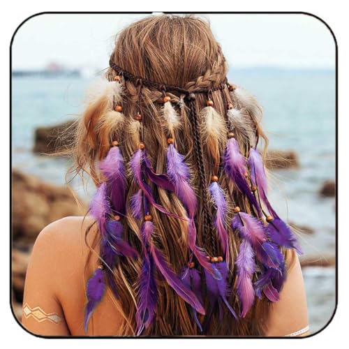 GORTIN Boho-Feder-Stirnband, Hippie-Stirnbänder, indische Feder-Kopfbedeckung, -Kostüm, Kopfbedeckung, Haarschmuck für Damen (lila, Einheitsgröße) von GORTIN