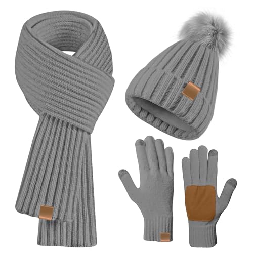 GOSHIES Damen Mütze Schal Winter Set Beanie Mütze Damen Winter mit Bommel Fleece Gefütterte Mütze, Schal & Handschuh-Sets, Touchscreen Handschuhe Grau von GOSHIES