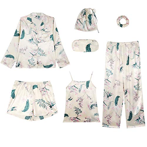 GOSO 7-teilige Damen Satin Pyjamas-Silk Schlafanzug Pyjamas Damen Button Down Pjs Floral Langarm Top und Hosen Nachtwäsche Lady Nightwear Soft Sets von GOSO