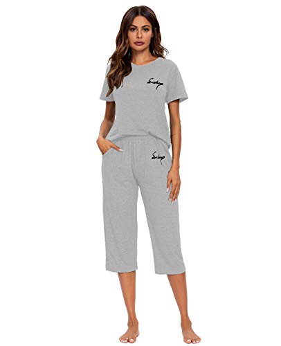 GOSO Damen Kurz Pyjama Set Rundhals Weich Damen Pyjama Loungewear Niedlich Kurzarm PJ Set Nachtwäsche Nachtwäsche für Sommer Blau, Grau#, 36 von GOSO