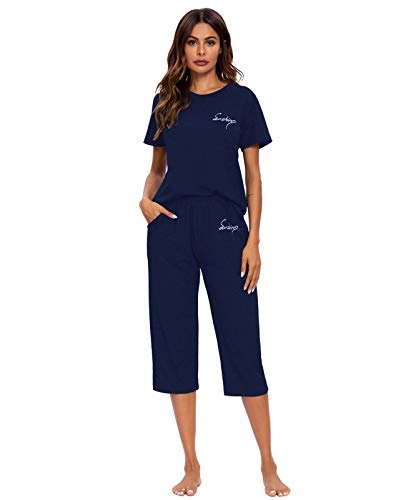 GOSO Damen Kurz Pyjama Set Rundhals Weich Damen Pyjama Loungewear Niedlich Kurzarm PJ Set Nachtwäsche Nachtwäsche für Sommer Blau, Navy#, 36 von GOSO