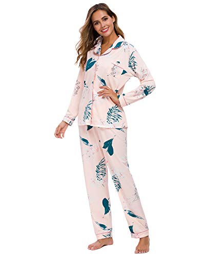 GOSO Schlafanzug Damen Pyjama Set - Knopfleiste Damen Schlafanzug mit Blumenmuster Langarm Zweiteilige Nachtwäsche Soft Lounge Sets, Rosa L von GOSO