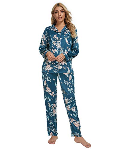GOSO Damen Satin Pyjamas, Frauen Pyjama Button Down Pyjama für Frauen Sets Floral Langarm Nachtwäsche Damen Nachtwäsche Weiche Lounge Sets, 04 Blau, 42 von GOSO