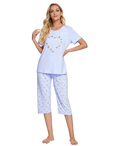 GOSO Damen Schlafanzug Capri Sommer Kurzes Pyjama Set mit 3/4 Hose lang Sleepshirt Damen Pyjama Set von GOSO