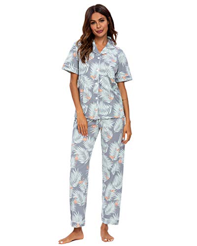GOSO Damen Schlafanzug Frauen Pyjamas-Button Down Damen Pyjama Pjs Blumen Langarm Nachtwäsche Lady Lounge Soft Sets,M,02grau von GOSO