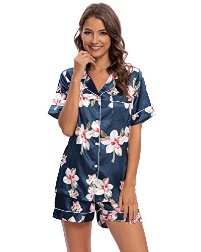 GOSO Damen Schlafanzug Pyjamas Set-Pyjama Satin Damen Button Down Pjs Floral Kurz/Langarm Top und Shorts/Hosen Nachtwäsche Lady Nightwear Soft Lounge Sets von GOSO