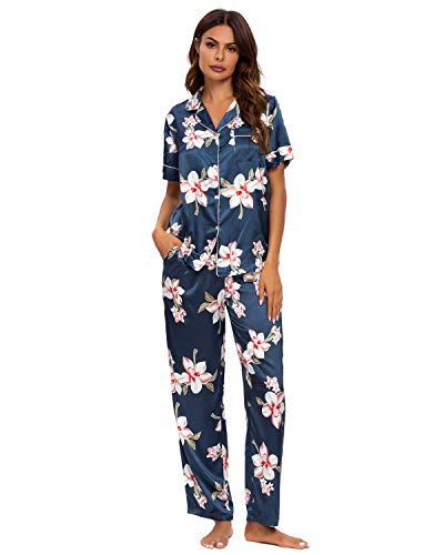 GOSO Damen Schlafanzug Pyjamas Set-Pyjama Satin Damen Button Down Pjs Floral Kurz/Langarm Top und Shorts/Hosen Nachtwäsche Lady Nightwear Soft Lounge Sets von GOSO