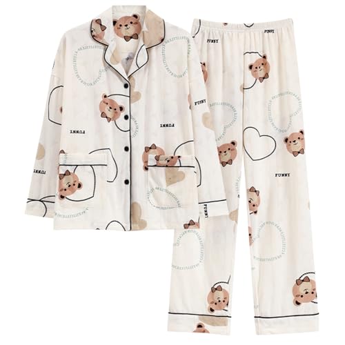 GOSO Mädchen Baumwolle Pyjamas Set Warme Loungewear Set Button Down Lange Ärmel Lange Hose Nachtwäsche für Winter/Herbst, Atmungsaktiv Niedlich Stilvolle Nachtwäsche Set für Teenager Mädchen von GOSO