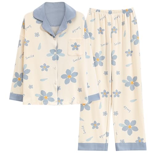 GOSO Mädchen Baumwolle Pyjamas Set Warme Loungewear Set Button Down Lange Ärmel Lange Hose Nachtwäsche für Winter/Herbst, Atmungsaktiv Niedlich Stilvolle Nachtwäsche Set für Teenager Mädchen von GOSO