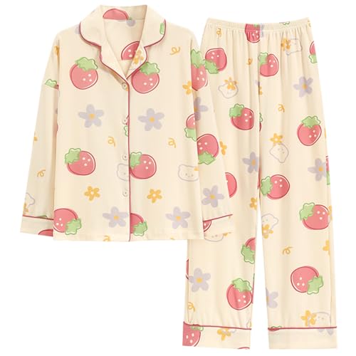 GOSO Mädchen Baumwolle Pyjamas Set Warme Loungewear Set Button Down Lange Ärmel Lange Hose Nachtwäsche für Winter/Herbst, Atmungsaktiv Niedlich Stilvolle Nachtwäsche Set für Teenager Mädchen von GOSO