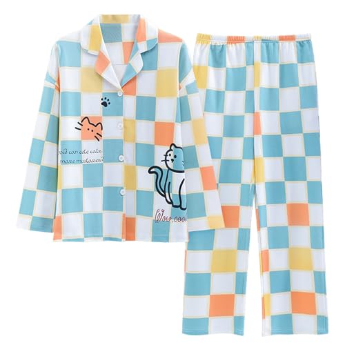GOSO Mädchen Baumwollschlafanzug Set Warme Loungewear Set Button Down Lange Ärmel Lange Hose Nachtwäsche mit Taschen, Niedliche stylische Nachtwäsche für große Mädchen von GOSO