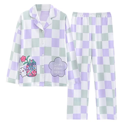 GOSO Mädchen Baumwollschlafanzug Set Warme Loungewear Set Button Down Lange Ärmel Lange Hose Nachtwäsche mit Taschen, Niedliche stylische Nachtwäsche für große Mädchen von GOSO
