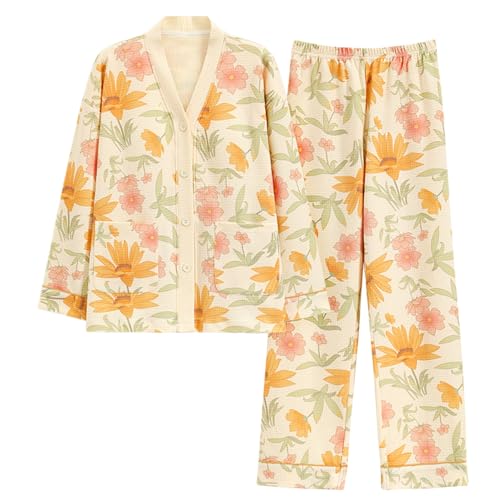 GOSO Mädchen Pyjamas Set Baumwolle Lange Ärmel Knopf unten Loungewear Set Teen Pyjamas weiche Schlafanzüge Tops mit Tasche und Lange Hosen Nachtwäsche für Frühling/Herbst (2Q_Orange, 15 Jahre) von GOSO