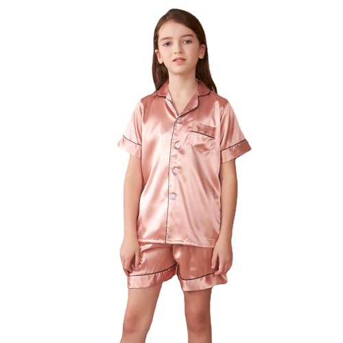 GOSO Pyjamas Set Seide Sommer Pyjama für Mädchen 5-14Jahre Button-down Pjs Kurze Ärmel Seide Satin Nachtwäsche 2 Stück Lounge Sets von GOSO