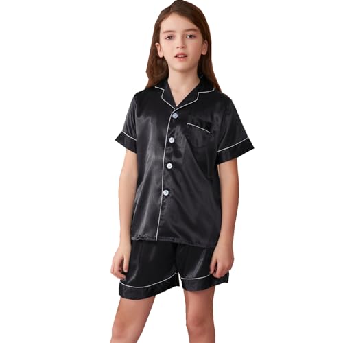 GOSO Pyjamas Set Seide Sommer Pyjama für Mädchen 5-14Jahre Button-down Pjs Kurze Ärmel Seide Satin Nachtwäsche 2 Stück Lounge Sets von GOSO