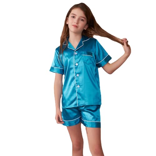 GOSO Pyjamas Set Seide Sommer Pyjama für Mädchen 5-14Jahre Button-down Pjs Kurze Ärmel Seide Satin Nachtwäsche 2 Stück Lounge Sets von GOSO