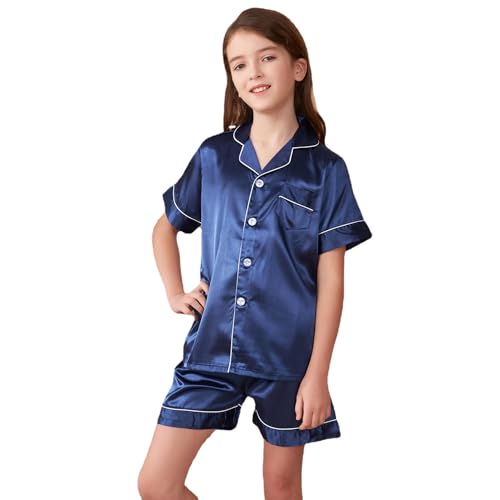GOSO Pyjamas Set Seide Sommer Pyjama für Mädchen 5-14Jahre Button-down Pjs Kurze Ärmel Seide Satin Nachtwäsche 2 Stück Lounge Sets von GOSO