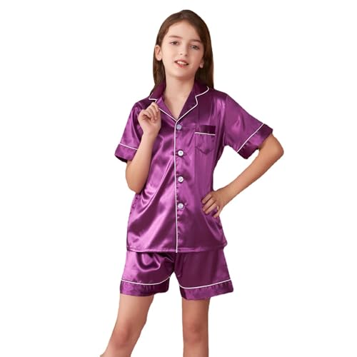 GOSO Pyjamas Set Seide Sommer Pyjama für Mädchen 5-14Jahre Button-down Pjs Kurze Ärmel Seide Satin Nachtwäsche 2 Stück Lounge Sets von GOSO