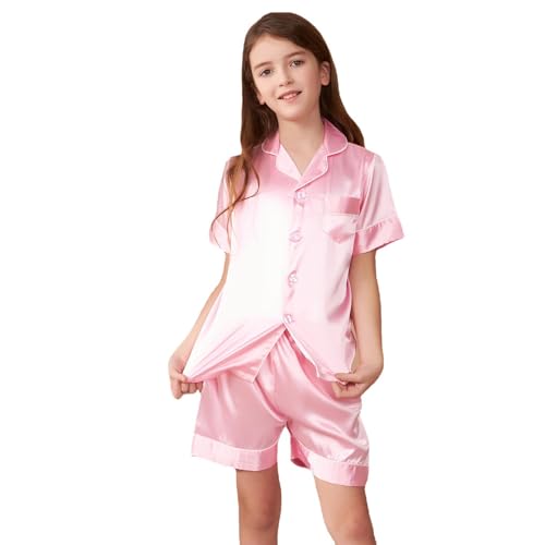 GOSO Pyjamas Set Seide Sommer Pyjama für Mädchen 5-14Jahre Button-down Pjs Kurze Ärmel Seide Satin Nachtwäsche 2 Stück Lounge Sets von GOSO