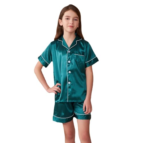 GOSO Pyjamas Set Seide Sommer Pyjama für Mädchen 5-14Jahre Button-down Pjs Kurze Ärmel Seide Satin Nachtwäsche 2 Stück Lounge Sets von GOSO