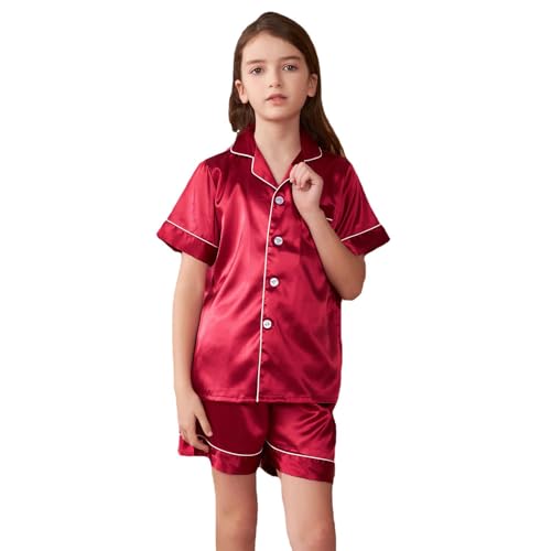 GOSO Pyjamas Set Seide Sommer Pyjama für Mädchen 5-14Jahre Button-down Pjs Kurze Ärmel Seide Satin Nachtwäsche 2 Stück Lounge Sets von GOSO