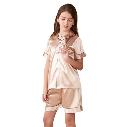 GOSO Pyjamas Set Seide Sommer Pyjama für Mädchen 5-14Jahre Button-down Pjs Kurze Ärmel Seide Satin Nachtwäsche 2 Stück Lounge Sets von GOSO