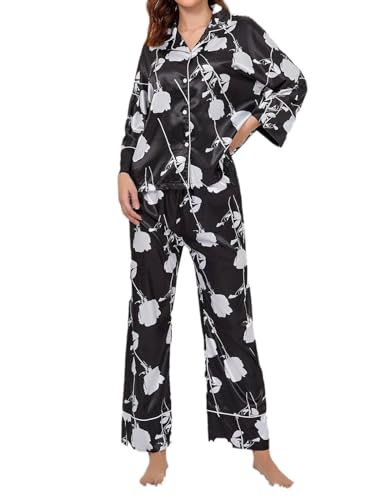 GOSO Satin Seide Damen Pyjamas Set- Frauen Pyjamas Button Down Pjs Floral gedruckt Langarm Nachtwäsche Lady Nightwear von GOSO