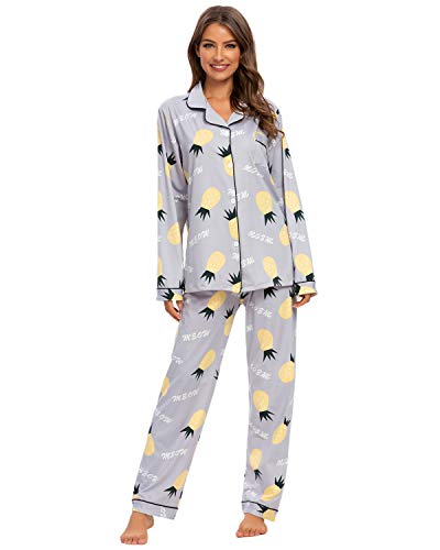 GOSO Schlafanzug Damen Pyjama Set - Knopfleiste Damen Schlafanzug mit Blumenmuster Langarm Zweiteilige Nachtwäsche Soft Lounge Sets von GOSO