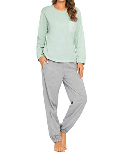 GOSO Schlafanzug Damen Pyjama Set Zweiteilige Nachtwäsche Langarm Hausanzug Top und Hose Lady Jogging Stil Soft Lounge Sets, 01hellgrün, 3XL von GOSO