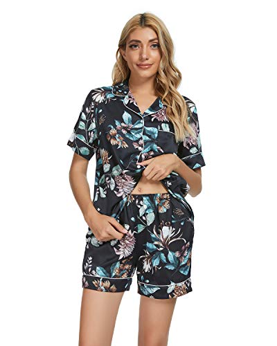 GOSO Schlafanzug Damen Pyjamas Set-Satin Pyjama Damen Button Down Pjs Kurz Top und Shorts Nachtwäsche Lady Nightwear Soft Sets von GOSO