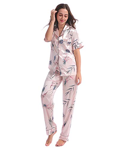 GOSO Schlafanzug Damen Pyjamas Set-Satin Pyjama Damen Button Down Pjs Kurzarm Top und Hosen Nachtwäsche Lady Nightwear Soft Sets von GOSO