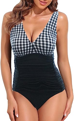 GOTIMAL V Ausschnitt Badeanzug Damen Push up Bademode bauchweg Strandmode sportlich Schwimmanzug weißes Quadrat mit Schwarz 2XL von GOTIMAL