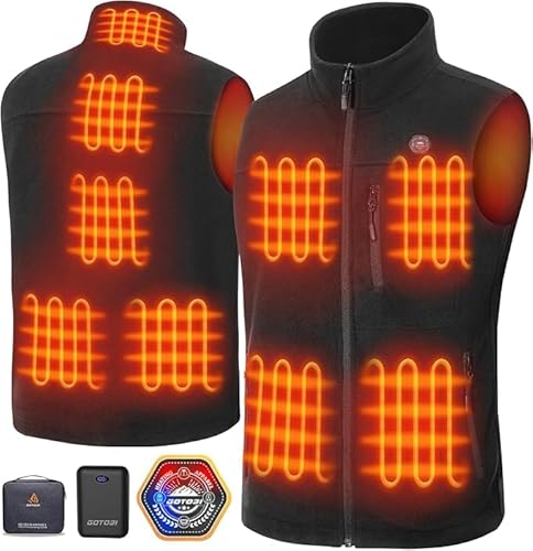 GOTOBI Beheizbare Fleece Weste Herren mit 16000mAh Powerbank - Heizweste Herren mit 9 Heizzonen und 3 Einstellbaren Temperaturen, Beheizte Weste für Outdoor-Aktivitäten Radfahren,Schwarz,3XL von GOTOBI