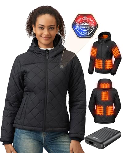 GOTOBI Beheizbare Jacke Damen mit Powerbank 12V 18400mAh, 8 Heizzonen, Beheizte Jacke mit 3 Temperaturstufen, Leichte Elektrische Wärmejacke für Radfahren, Camping & Outdoor-Arbeit,Schwarz,XS von GOTOBI