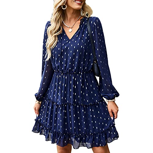 Damen A-Linie Polka Dot Minikleid V-Ausschnitt Elegant Langarm Tunika Puffärmeln Rüschen Swing Freizeitkleid(L-violett blau) von GOTOTOP