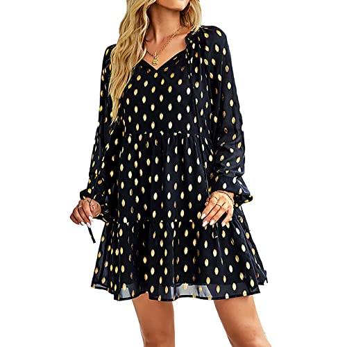 Damen A-Linie Polka Dot Minikleid V-Ausschnitt Elegant Lose Langarm Tunika Boho Rüschen Swing Freizeitkleid(L-Schwarz) von GOTOTOP