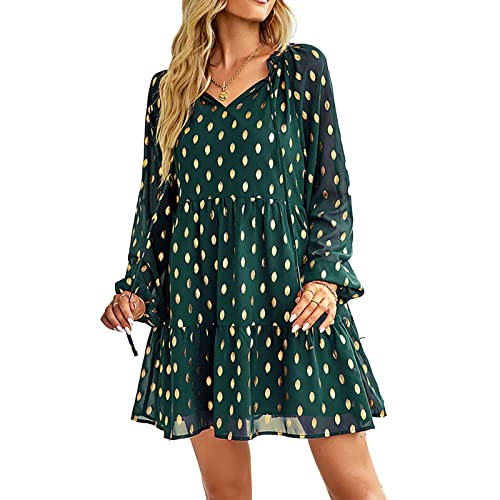 Damen A-Linie Polka Dot Minikleid V-Ausschnitt Elegant Lose Langarm Tunika Boho Rüschen Swing Freizeitkleid(XL-Dunkelgrün) von GOTOTOP