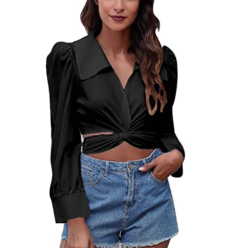 GOTOTOP Damen Crop Top Blusen Puff Langarm Twist Front Tie Back Oberteil Wickelshirt Slim fit Hemdbluse(S-Schwarz) von GOTOTOP